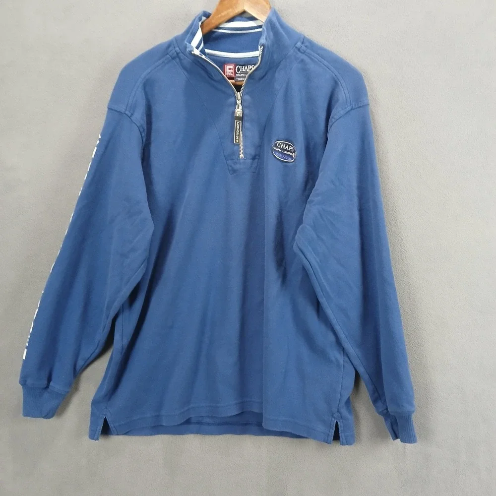 Chaps‎ Ralph Lauren Jacket Mens Large Blue Cotton Side Slit Mock Neck 1/4 Zip